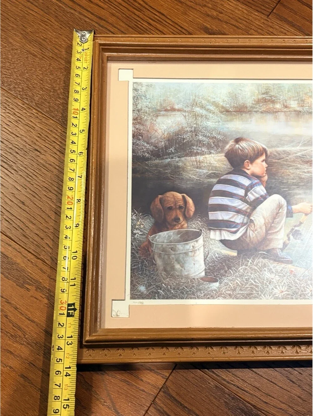 Homco Home Interiors Framed Print of Boy and Dog Fishing Wood Picture 14x18